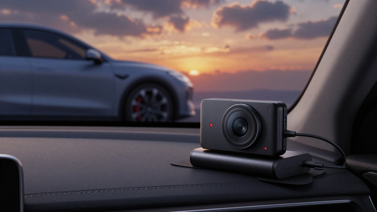 A dashcam in deep sleep mode with a blinking LED, connected to an external battery pack mounted under a car seat.