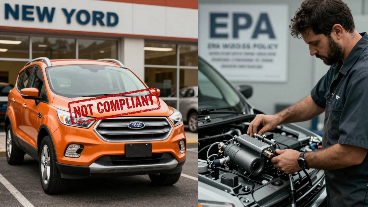 A Ford Escape marked 'NOT COMPLIANT' beside a mechanic installing a CARB-certified converter, with blurred EPA policy text in the background.