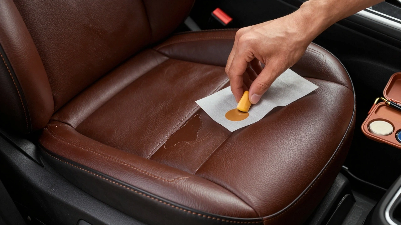A leather car seat being restored with filler and colorant, a patch applied with wax paper underneath.