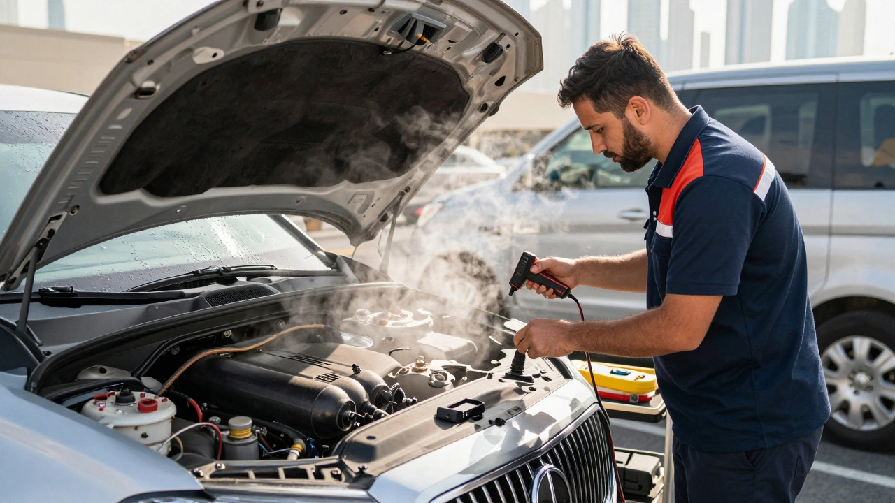 A mobile AC technician diagnosing a luxury car in a Dubai parking lot, using tools and refrigerant equipment under bright sunlight.