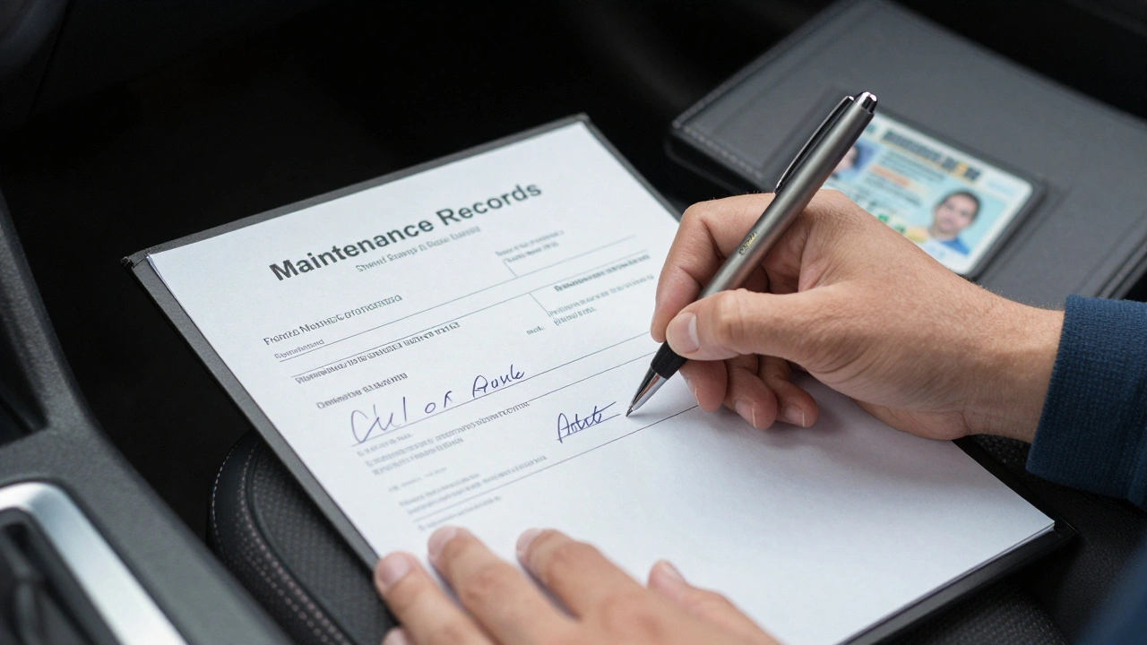 A person writing details on a car title with documents and license visible, representing a secure and legal private sale.