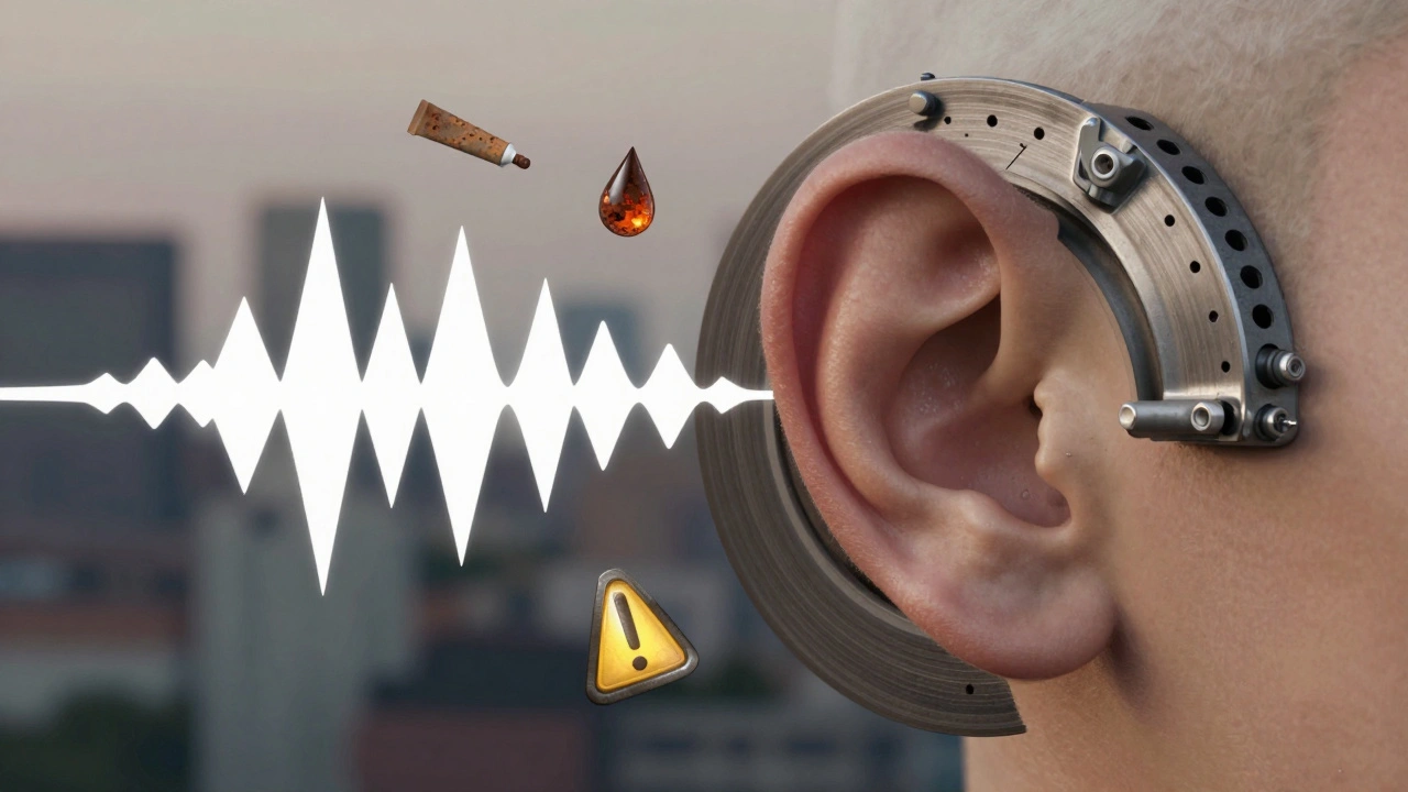 An abstract representation of brake noise as sound waves, with symbols of rust, grease, and warning signs floating nearby.