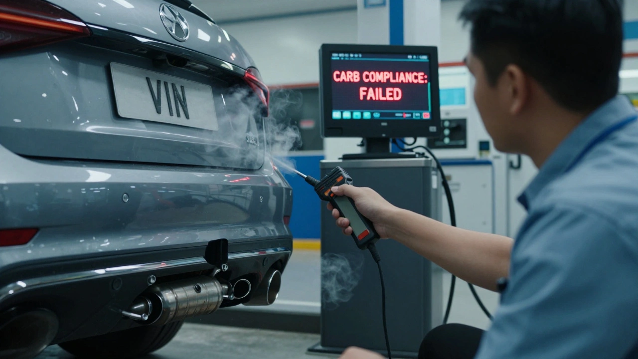 An emissions inspector using a scanner on a vehicle, with a digital screen showing 'CARB COMPLIANCE: FAILED' and a mismatched converter installed.