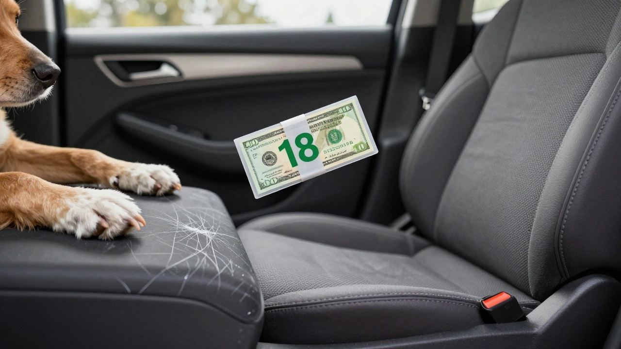 Before and after of pet-damaged car seat, with repair kit symbolizing the low-cost solution.