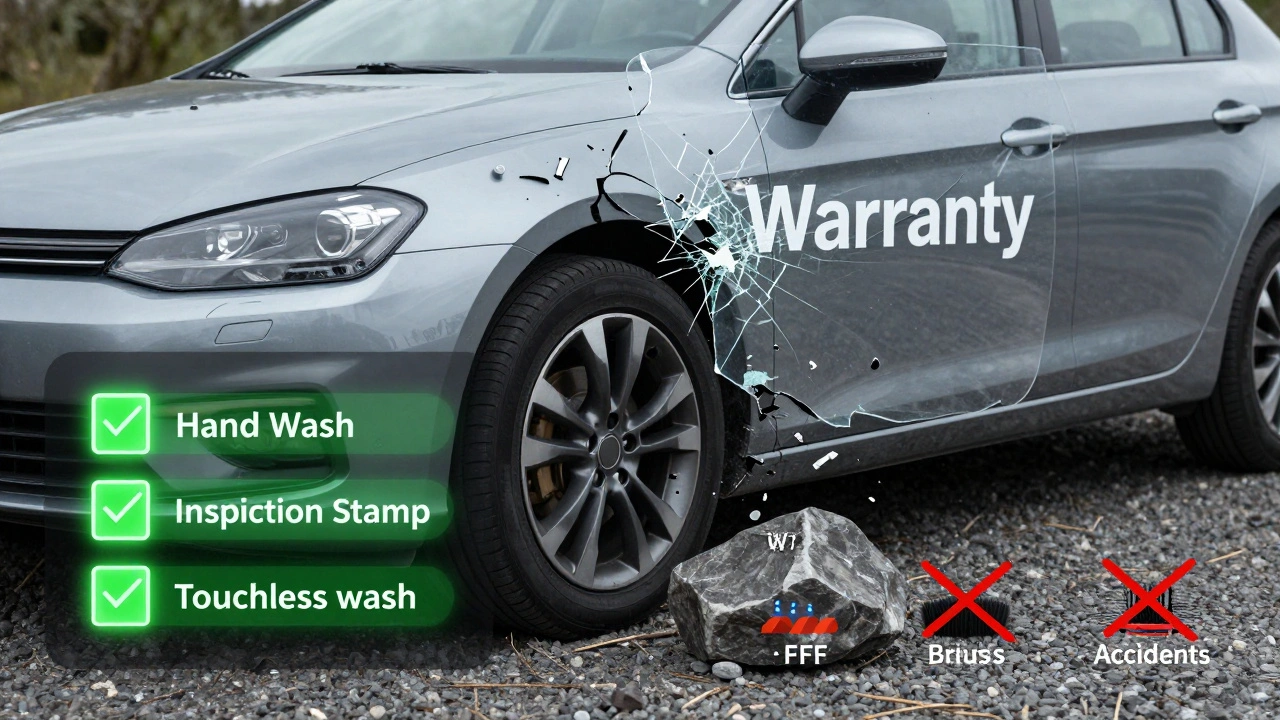 Car damaged by road rock, warranty shield cracking above it, with maintenance checklist glowing beside.