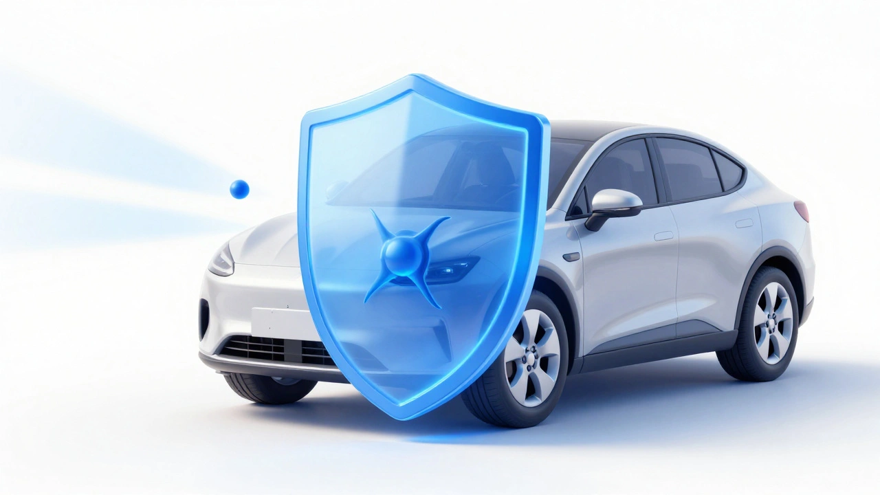 Car inside a glowing blue protective energy shield