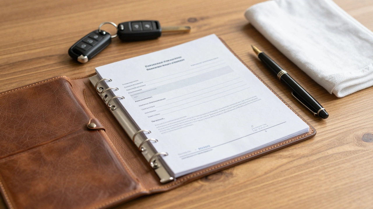Car keys and documents arranged on desk