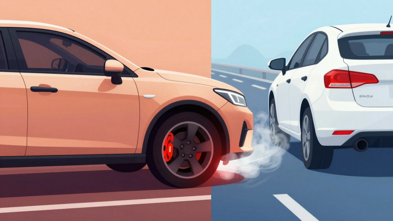 Car pulling to one side with a smoking, overheated wheel due to a stuck caliper.