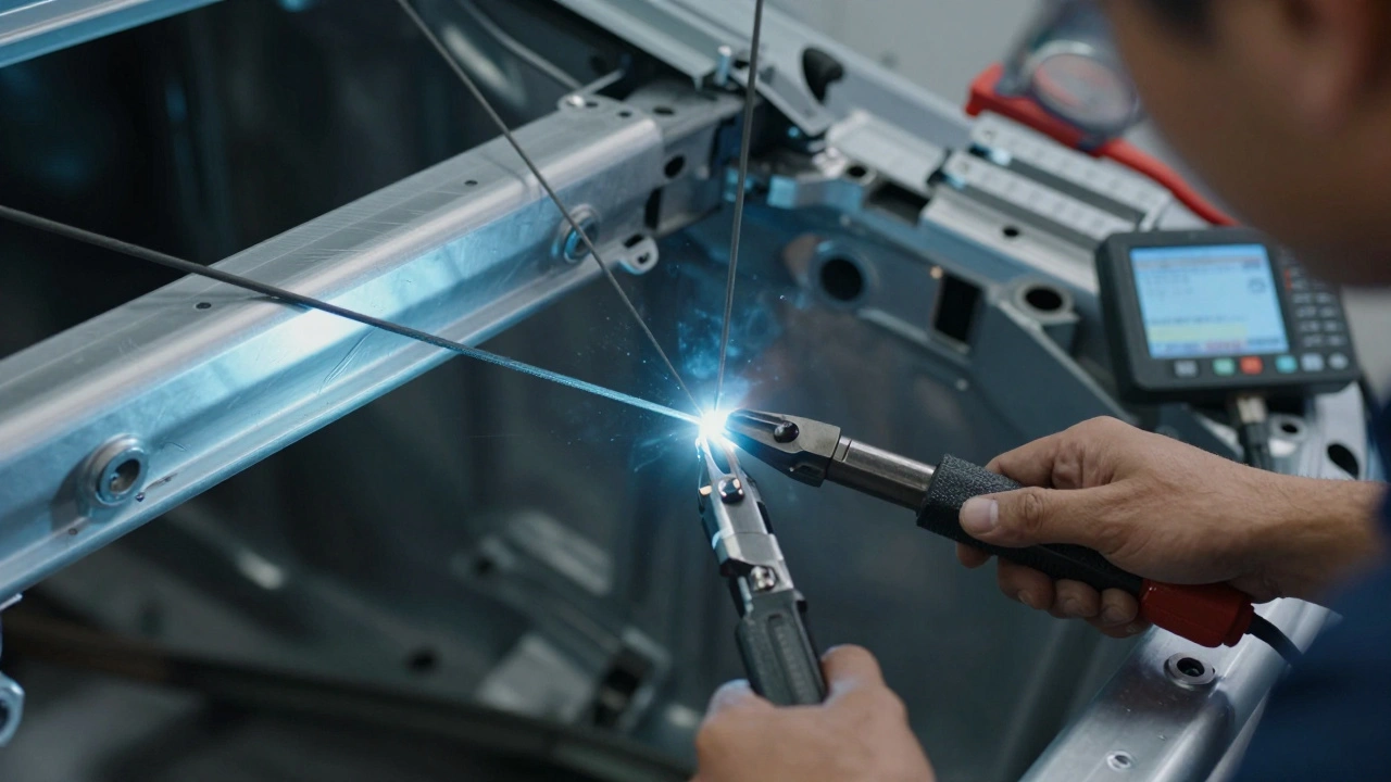 Close-up of hydraulic pullers and clamps applying controlled force to repair a damaged vehicle frame.