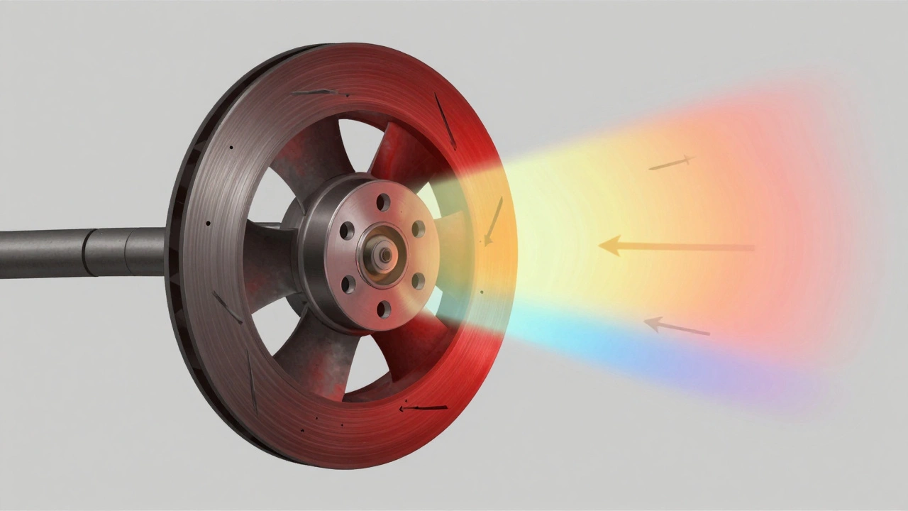Cross-section of a brake rotor showing internal vanes pulling in cool air from a duct and expelling hot air outward.