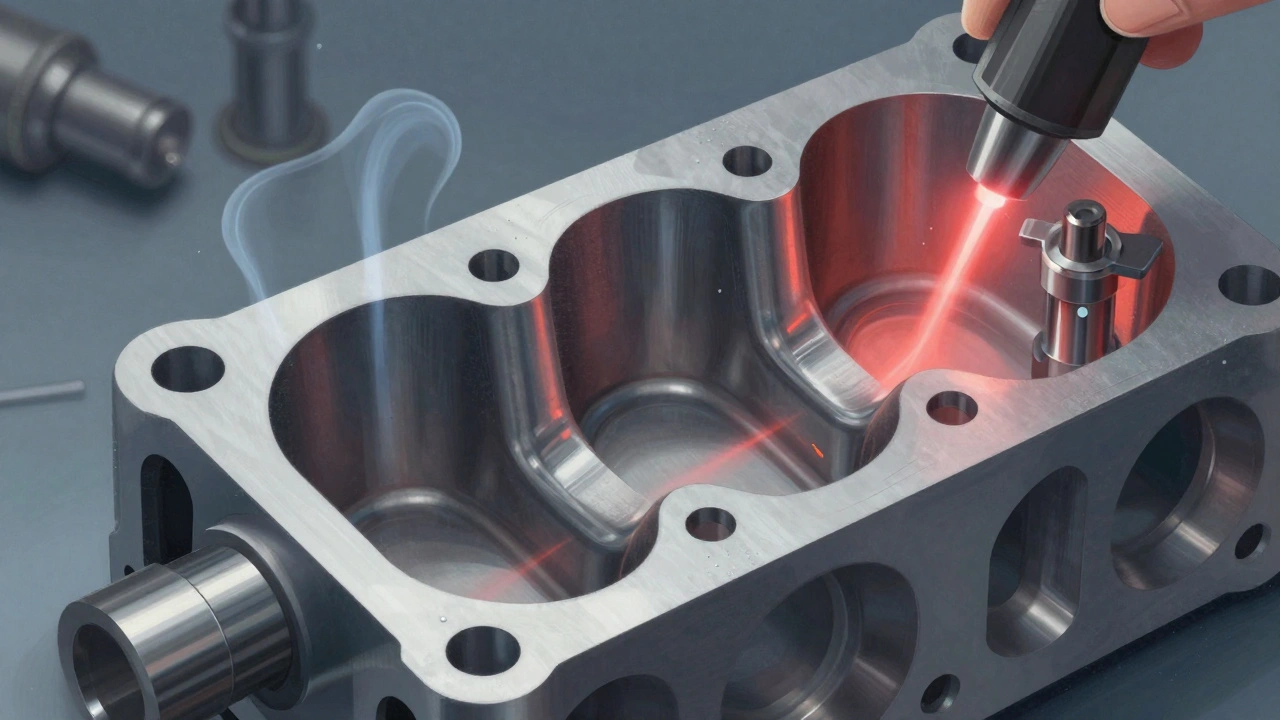 Cross-section of a restored cylinder head showing valve seats and porting details.