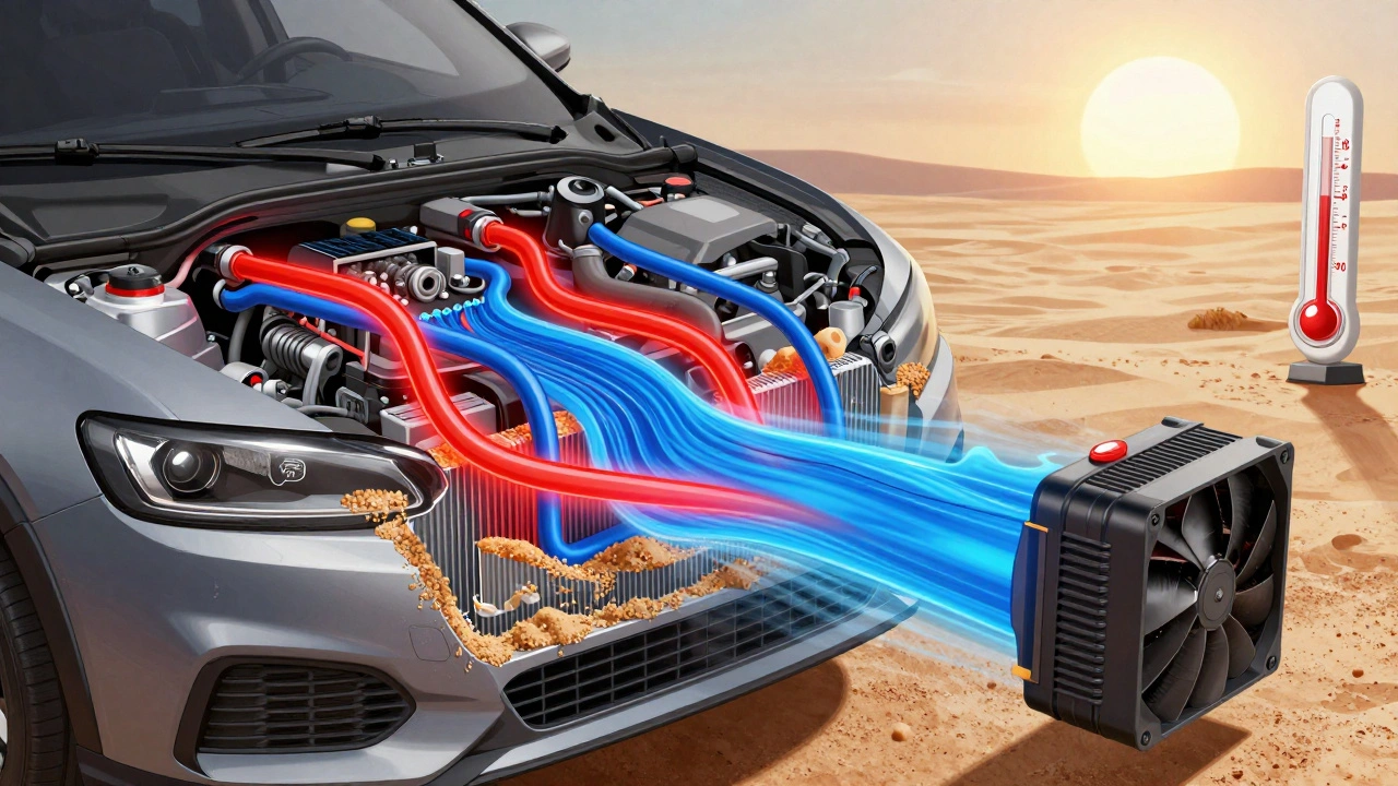 Cross-section of hybrid cooling system showing three loops battling heat, with sand clogging radiator fins.