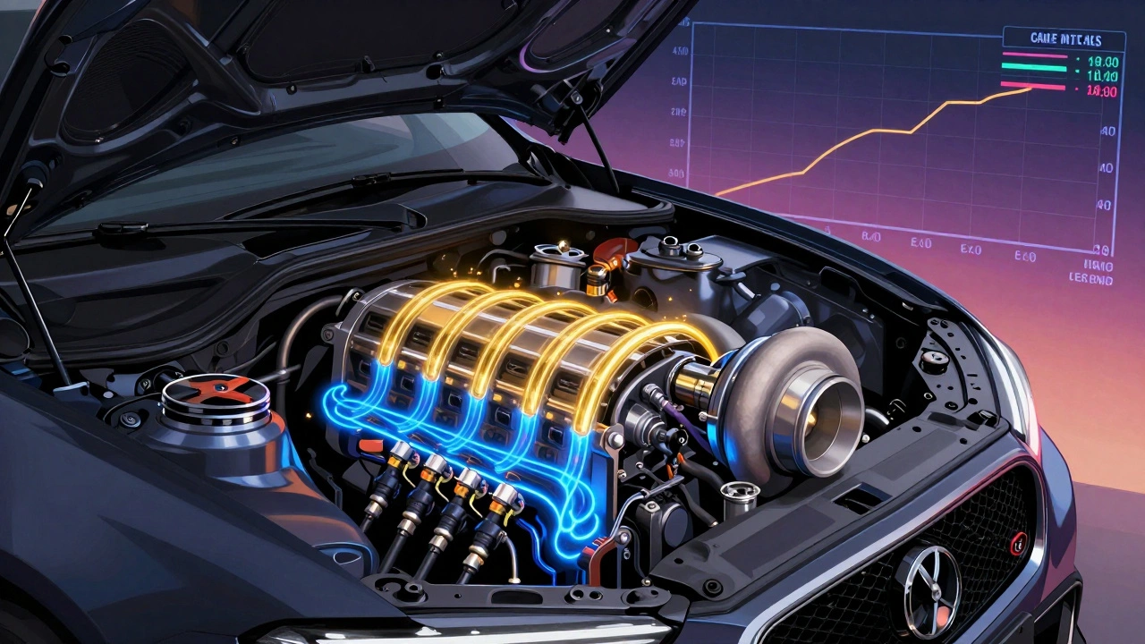 Cross-sectional engine with glowing data streams showing air-fuel ratios, boost pressure, and ignition timing during tuning.