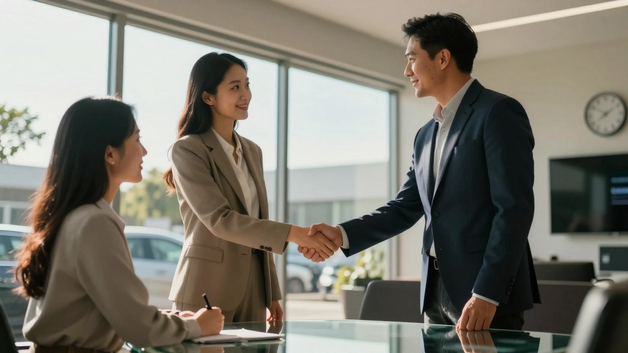 Customer and dealer shaking hands in showroom