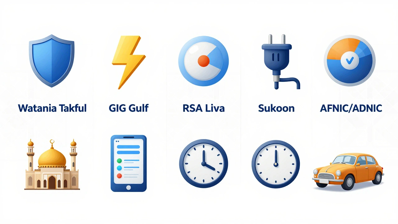 Digital illustration comparing seven Dubai car insurers with symbolic icons for coverage, speed, EV, Takaful, app, claims, and older vehicles.