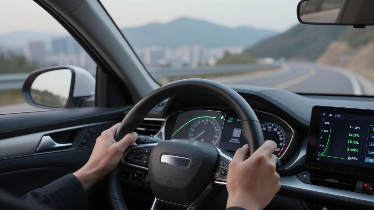 Driver's hands on steering wheel with transparent overlays of performance metrics improving throttle response and fuel efficiency.