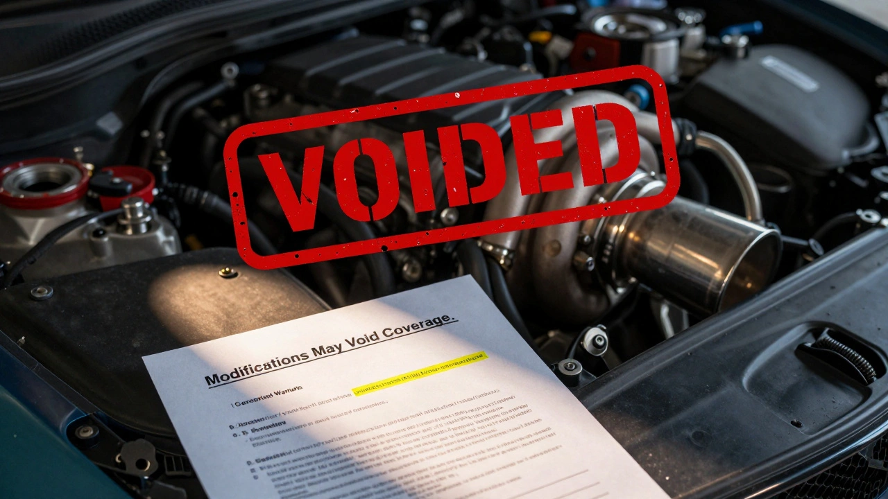 Engine bay with aftermarket parts and a 'VOIDED' stamp, next to a warranty document with highlighted exclusions.