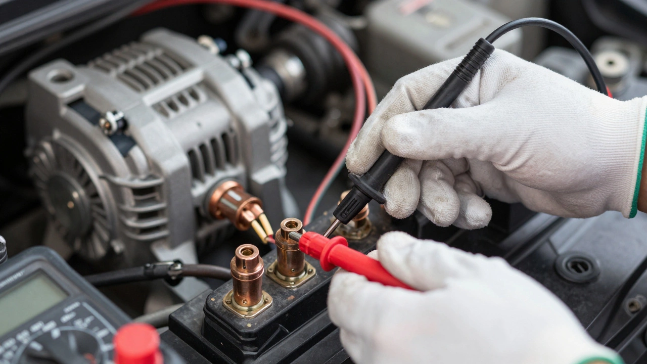 Hands using multimeter probes on car battery terminals for voltage test