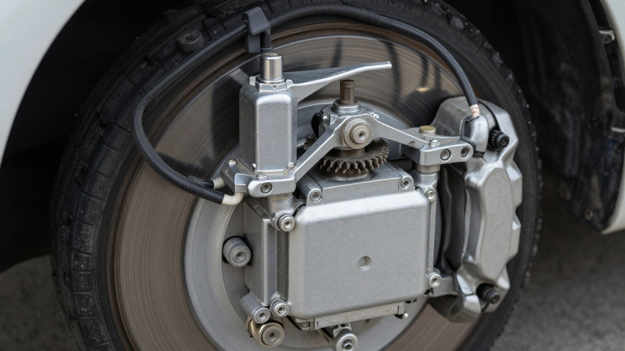 Macro view of electric parking brake motor and wires