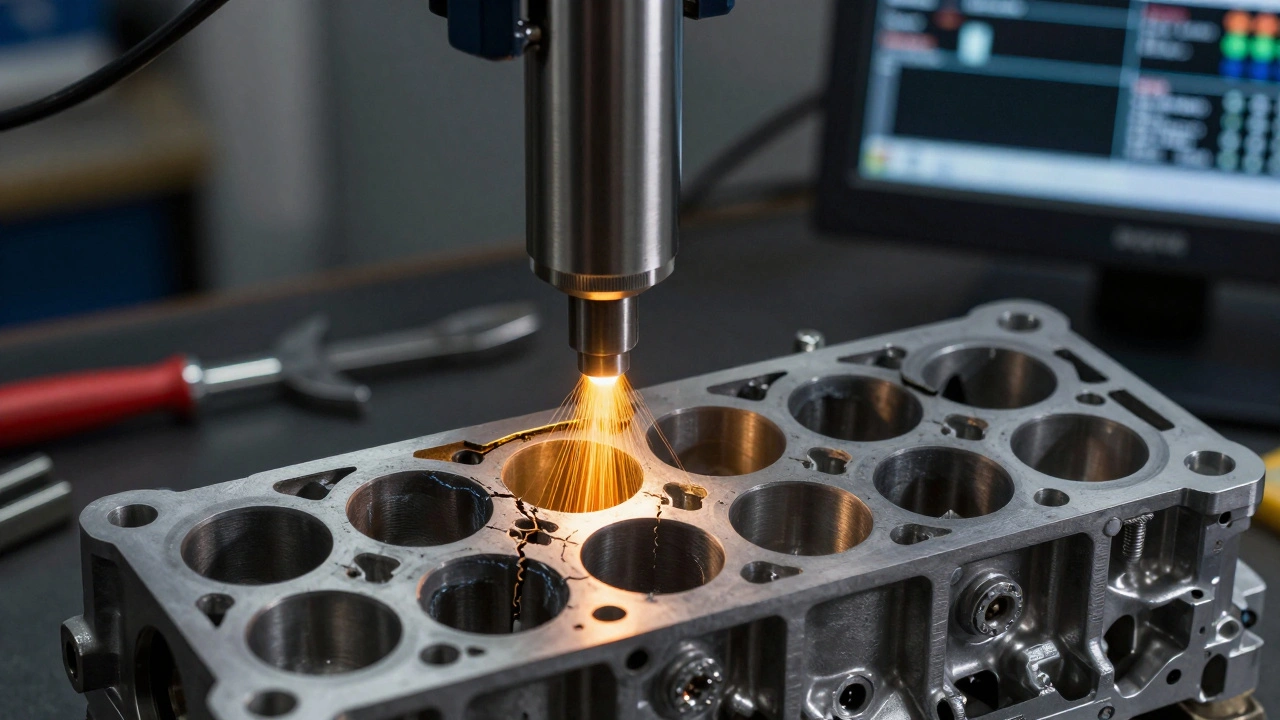 Magnetic particle inspection revealing hidden cracks in a cylinder head.