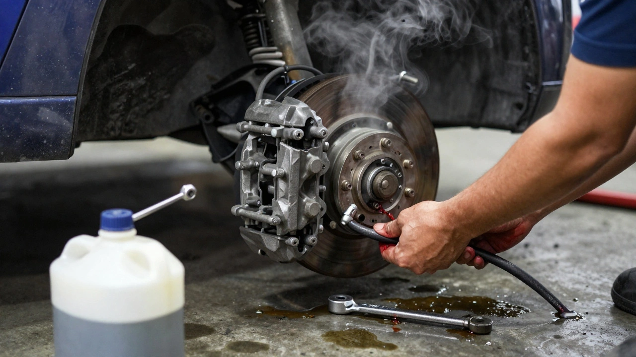 Mechanic bleeding brake lines after installing a new caliper with tools nearby.