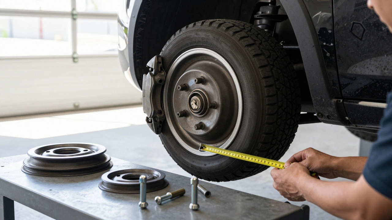 Mechanic measuring clearance between brake caliper and wheel during test fitting.