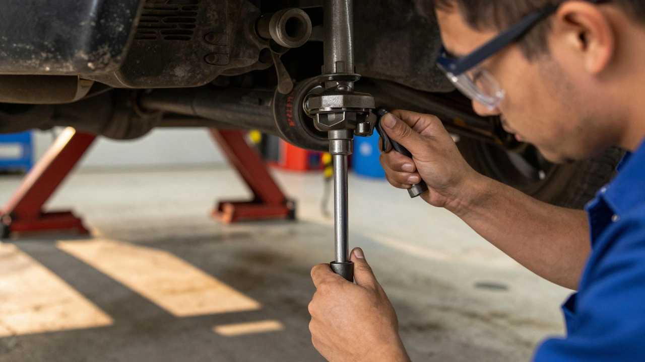 Mechanic using torque wrench to install tie rod with stud centered