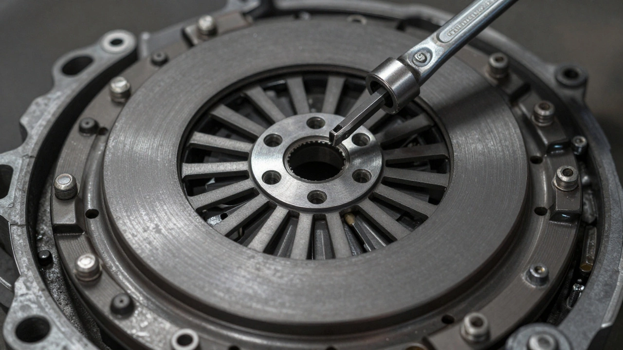 New clutch assembly with alignment tool centered on input shaft, pressure plate being torqued with wrench in precise star pattern.