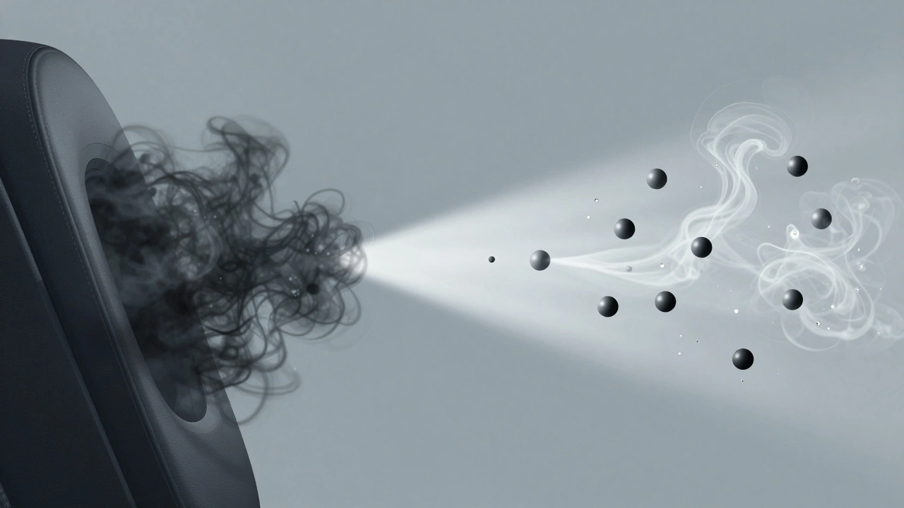 Odor molecules breaking down into harmless elements under oxidizing light, symbolizing true odor elimination.