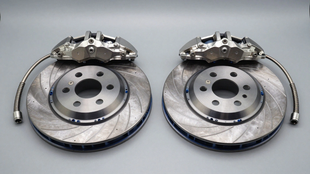 Performance brake kit parts including rotor and caliper on table.