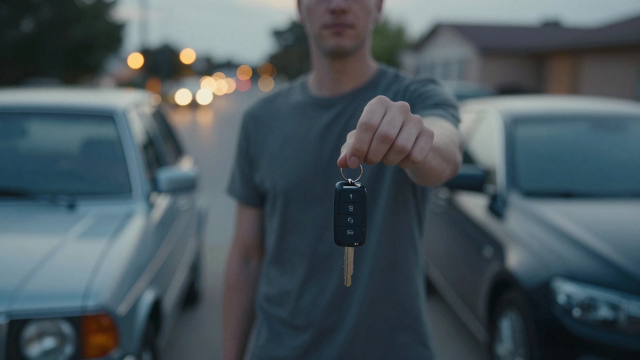 Person holding keys between two cars at twilight