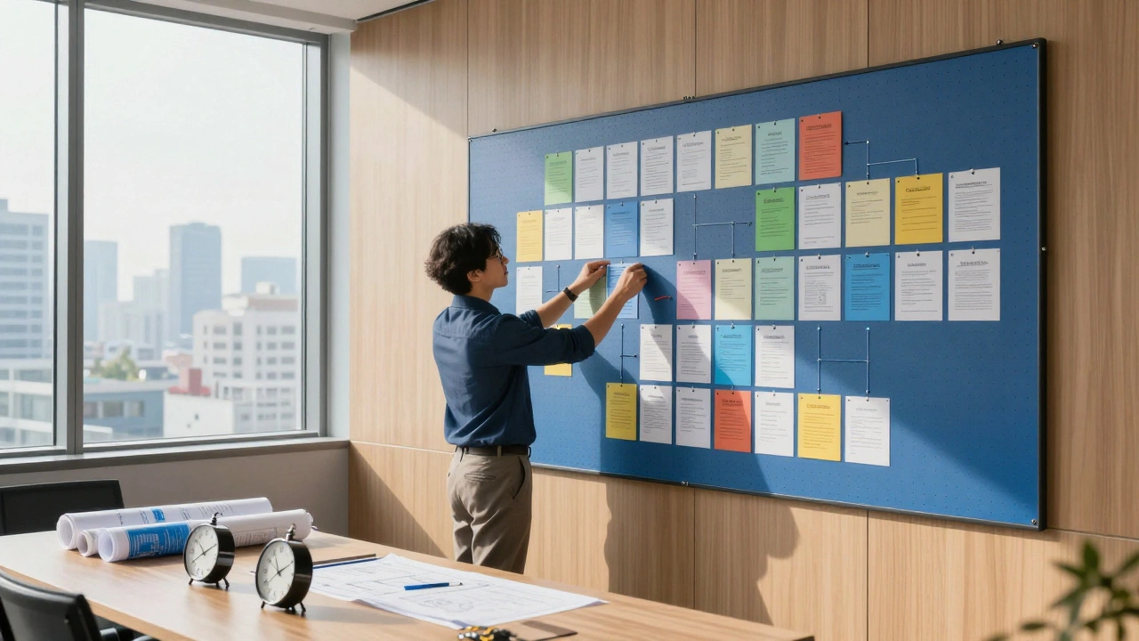Project manager organizing facility maintenance schedule on wall