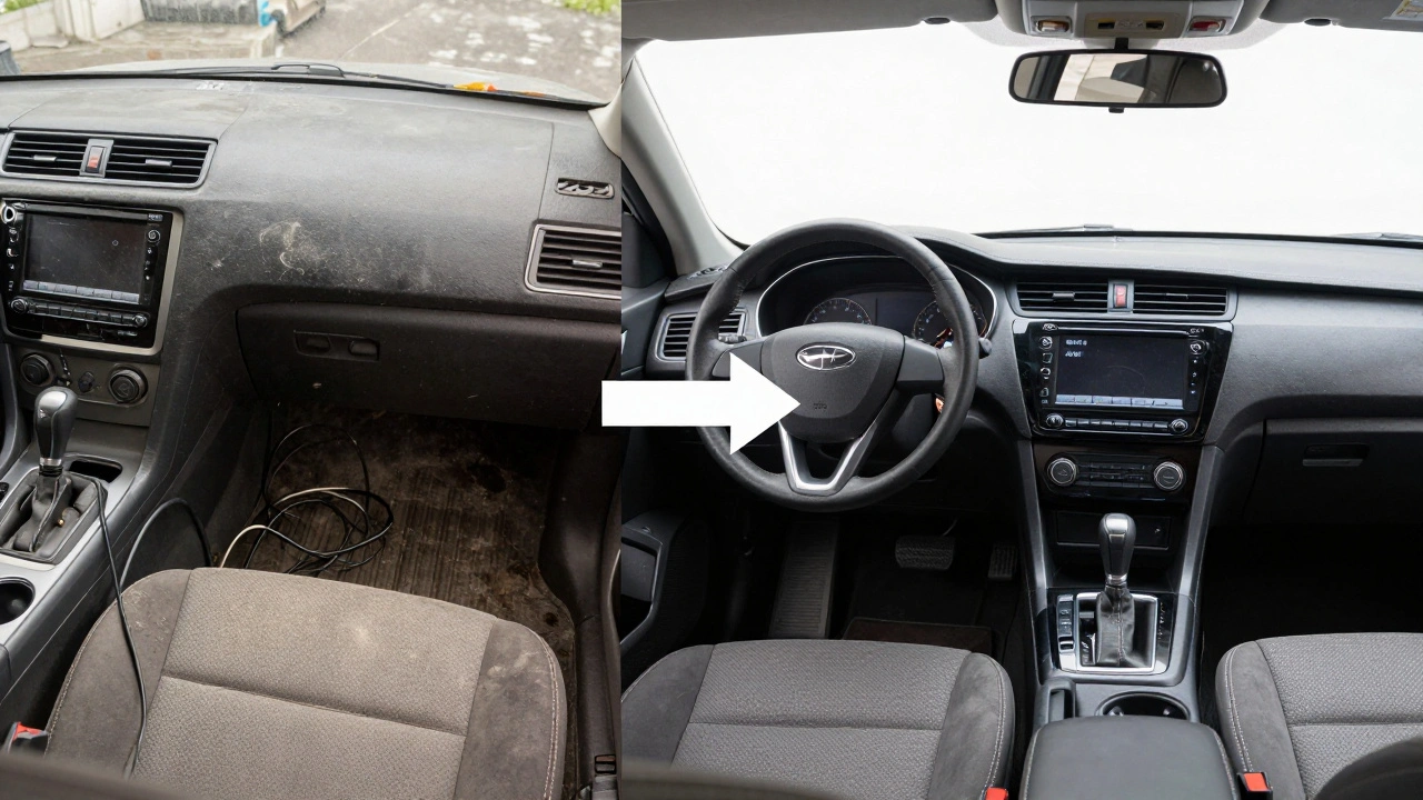 Side-by-side comparison of a messy car interior versus a professionally detailed one, highlighting how cleanliness affects buyer perception.