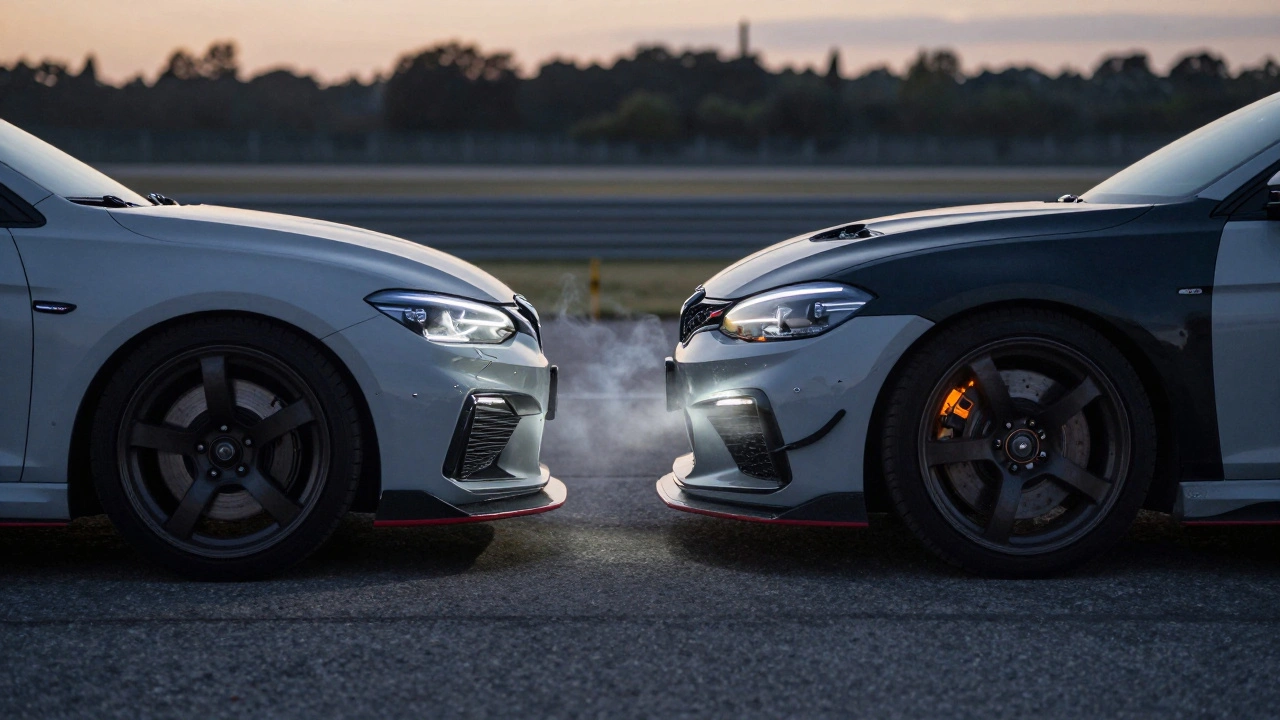 Side-by-side comparison of a performance car with and without brake cooling ducts, showing heat differences at the brakes.