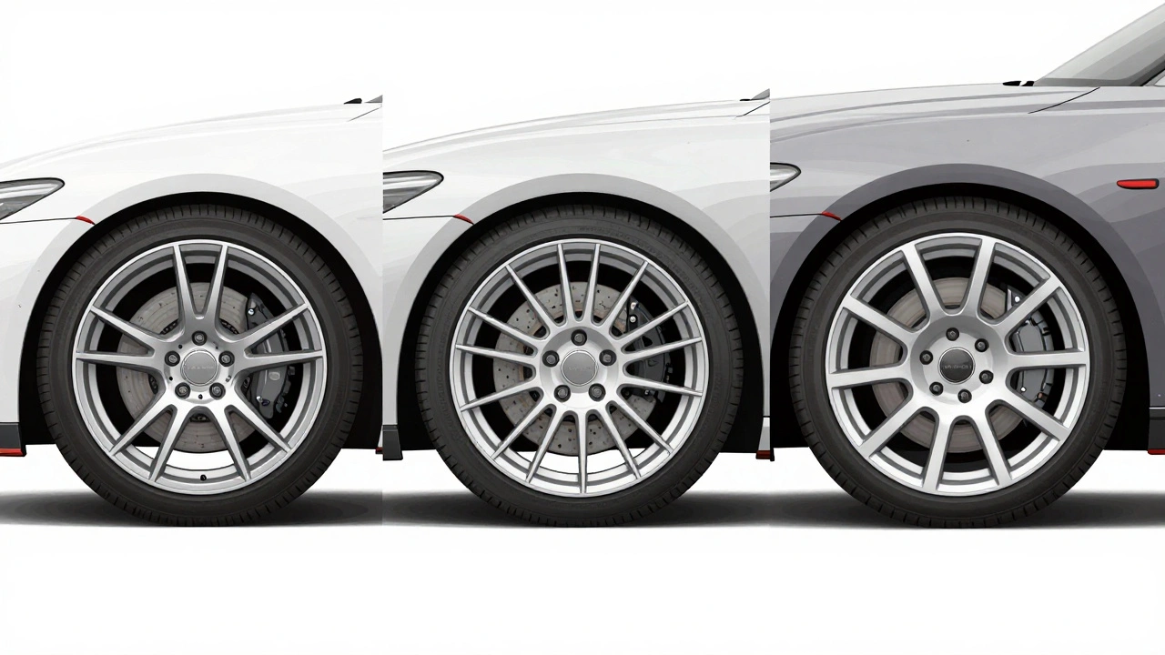 Side view of a car with three wheel setups showing differences in offset and fender clearance.