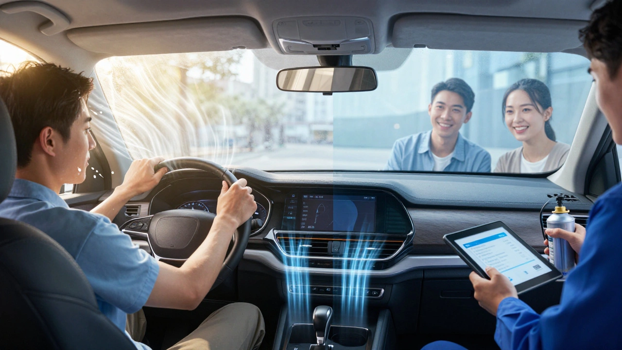 Split-image showing a car cabin transitioning from overheated and foggy to cool and comfortable after professional AC repair.