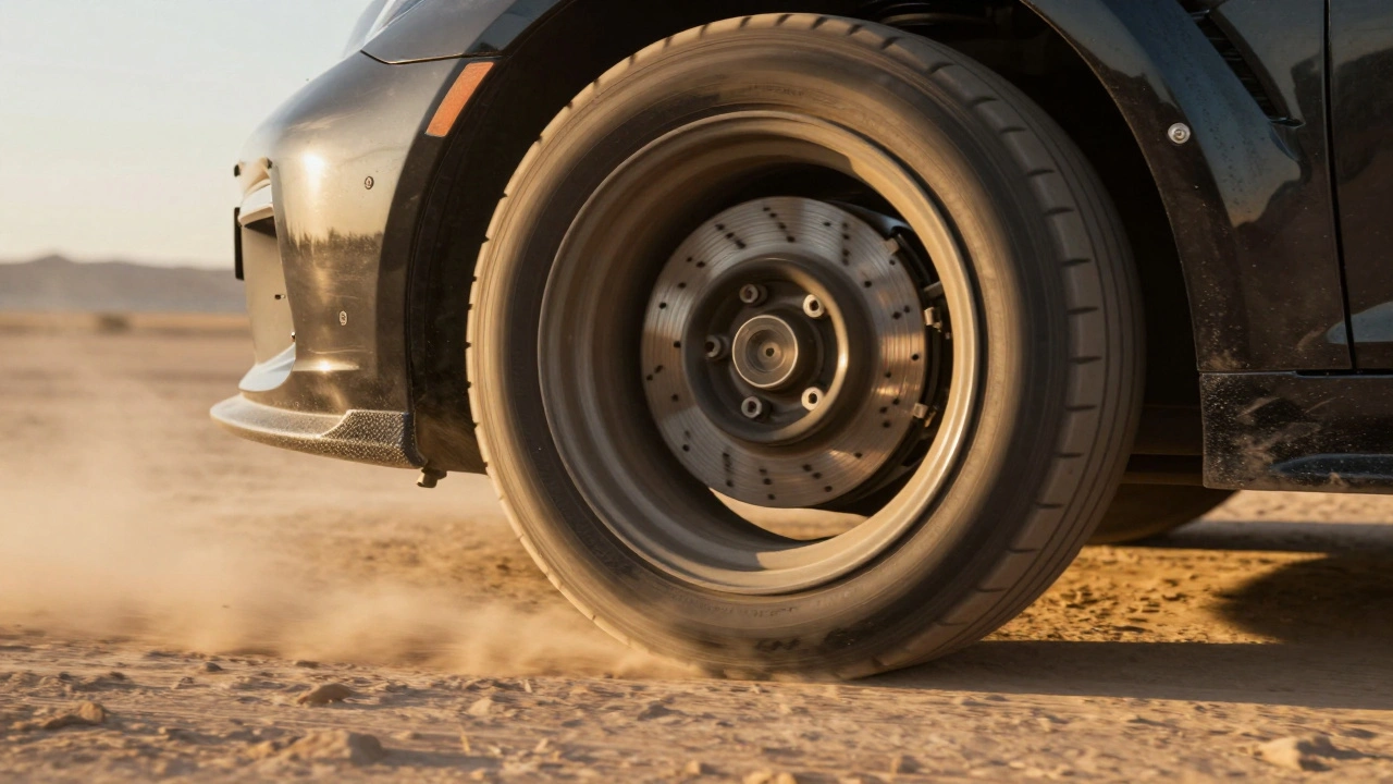 Sports car wheel with cooling ducts on desert track.
