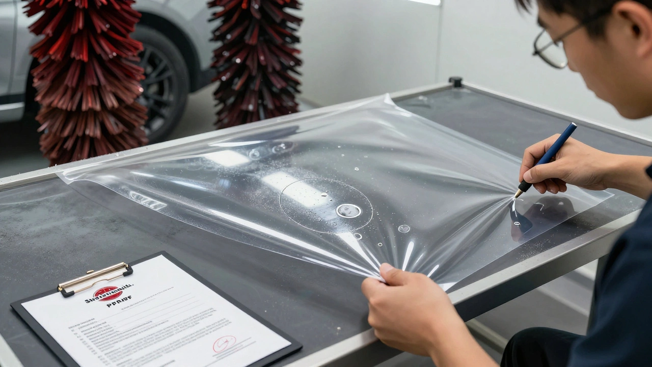 Technician applying paint protection film with air bubbles visible, while a car wash with brushes looms in background.