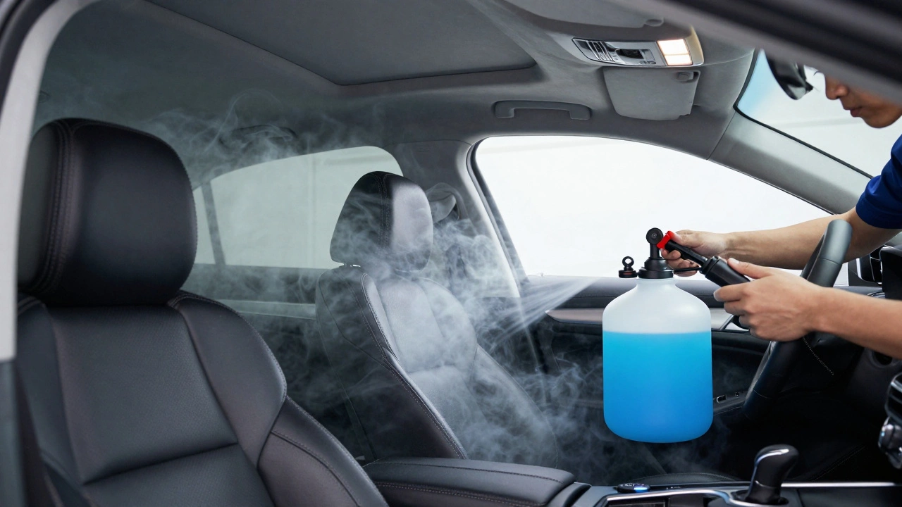 Technicians using chlorine dioxide gas to neutralize odors in a car's interior during professional treatment.