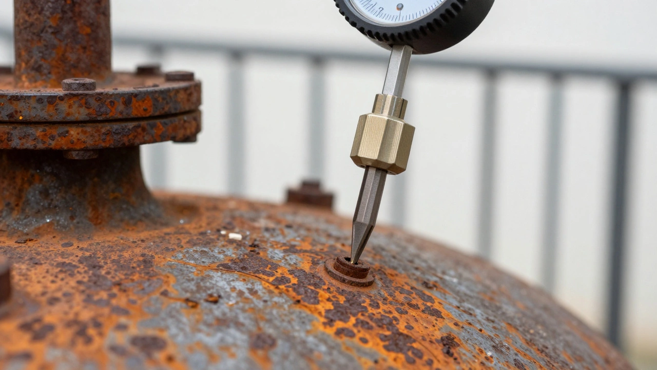 Thickness gauge measuring rusted steel pressure vessel wall