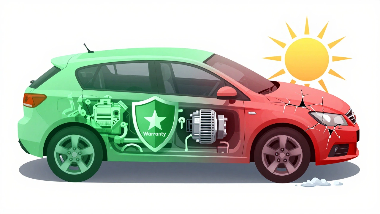 Transparent car diagram showing covered parts in green and excluded parts in red with sun and salt damage icons.