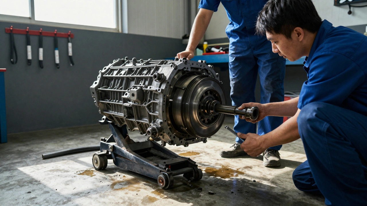 Two mechanics lowering a transmission with a jack cradle, using an alignment tool to match clutch disc and input shaft.