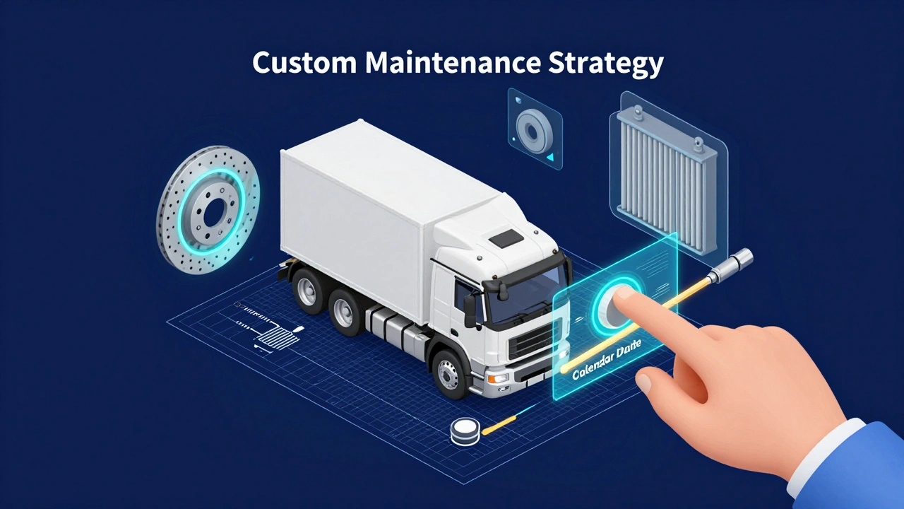 3D isometric digital blueprint of a truck with holographic maintenance components.