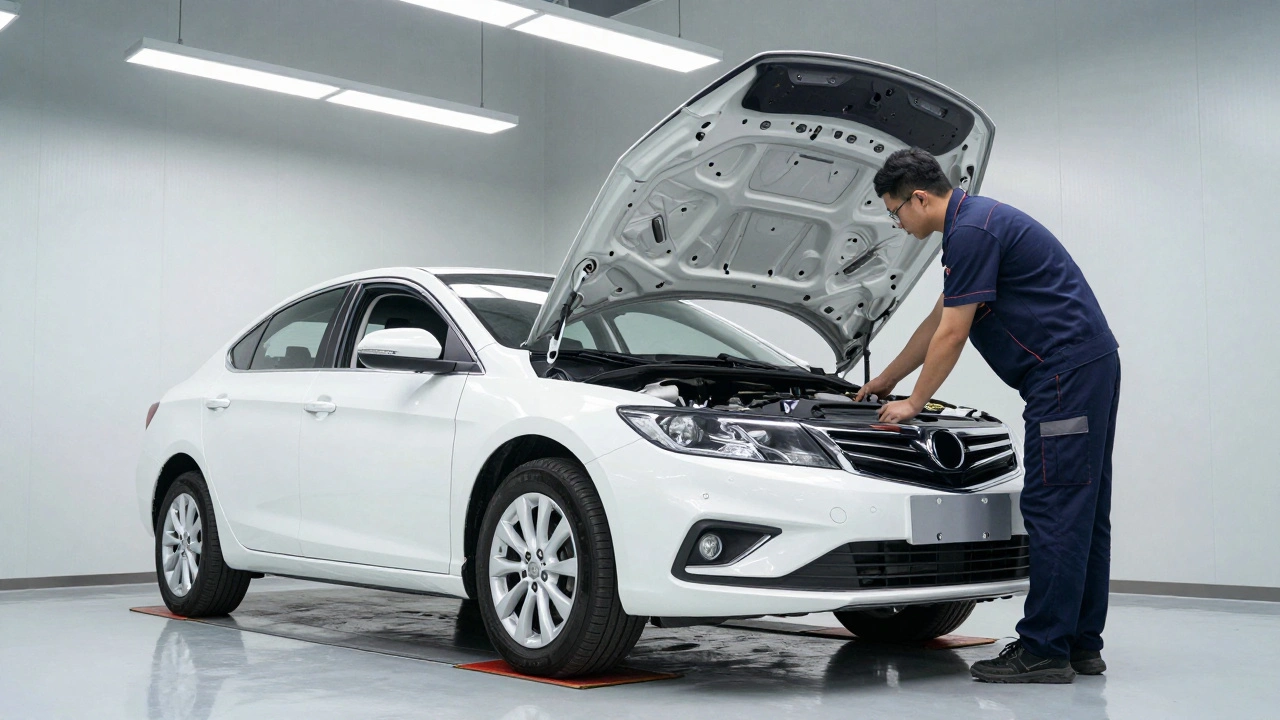 A car undergoing a professional technical safety inspection inside a bright bay.