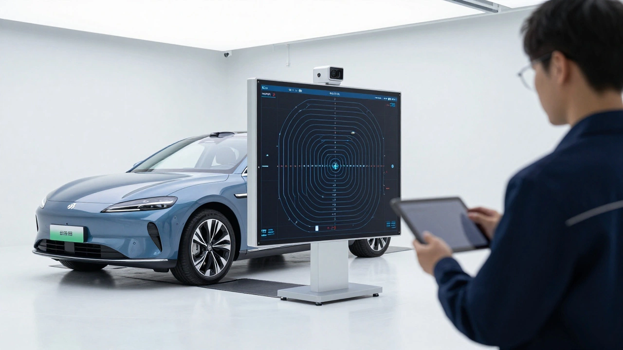 A car undergoing professional ADAS static calibration with a target board in a shop