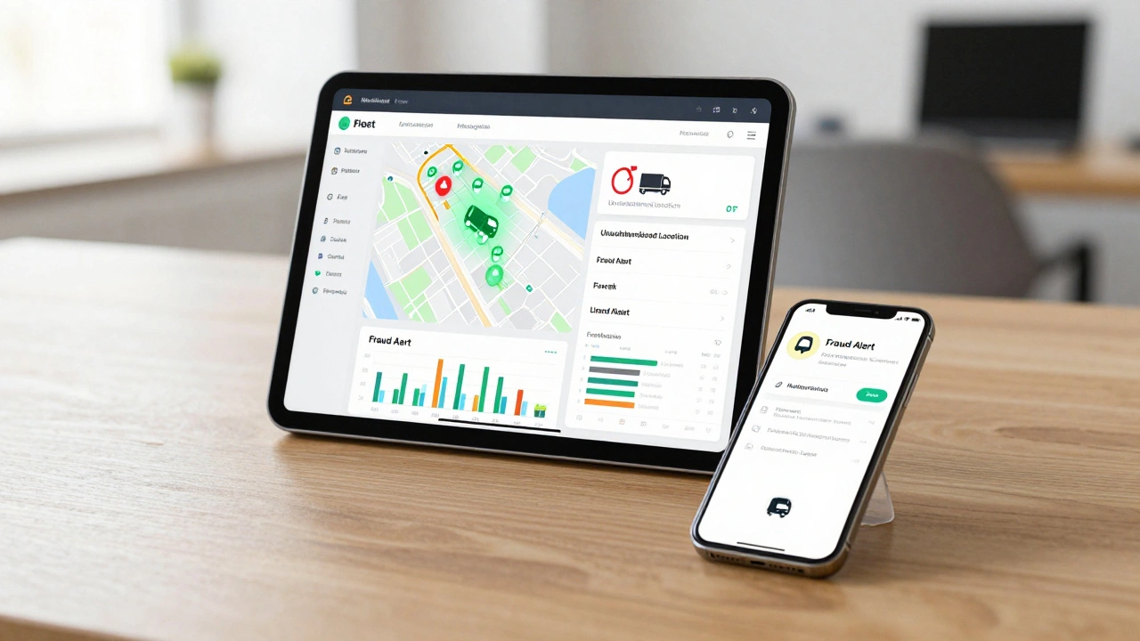 A fleet management dashboard on a tablet and phone showing real-time fuel alerts.