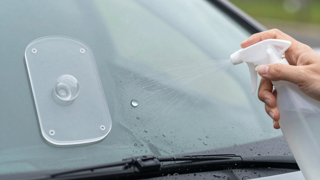 A hand spraying water on a windshield to test a rain sensor's functionality