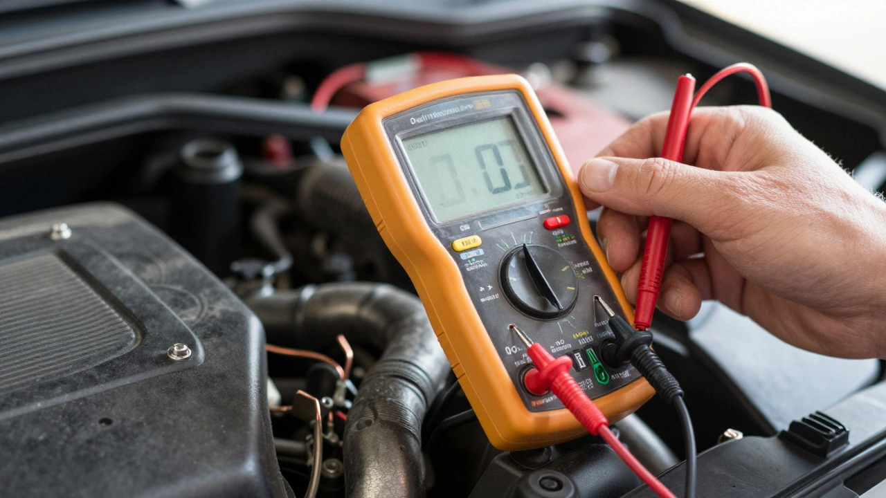A technician using a digital multimeter to test a vehicle's electrical wiring