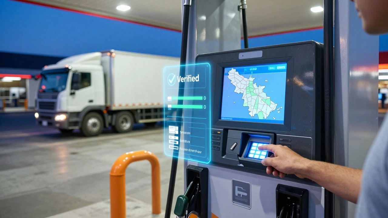 A truck driver entering a PIN at a gas pump with digital security overlays.