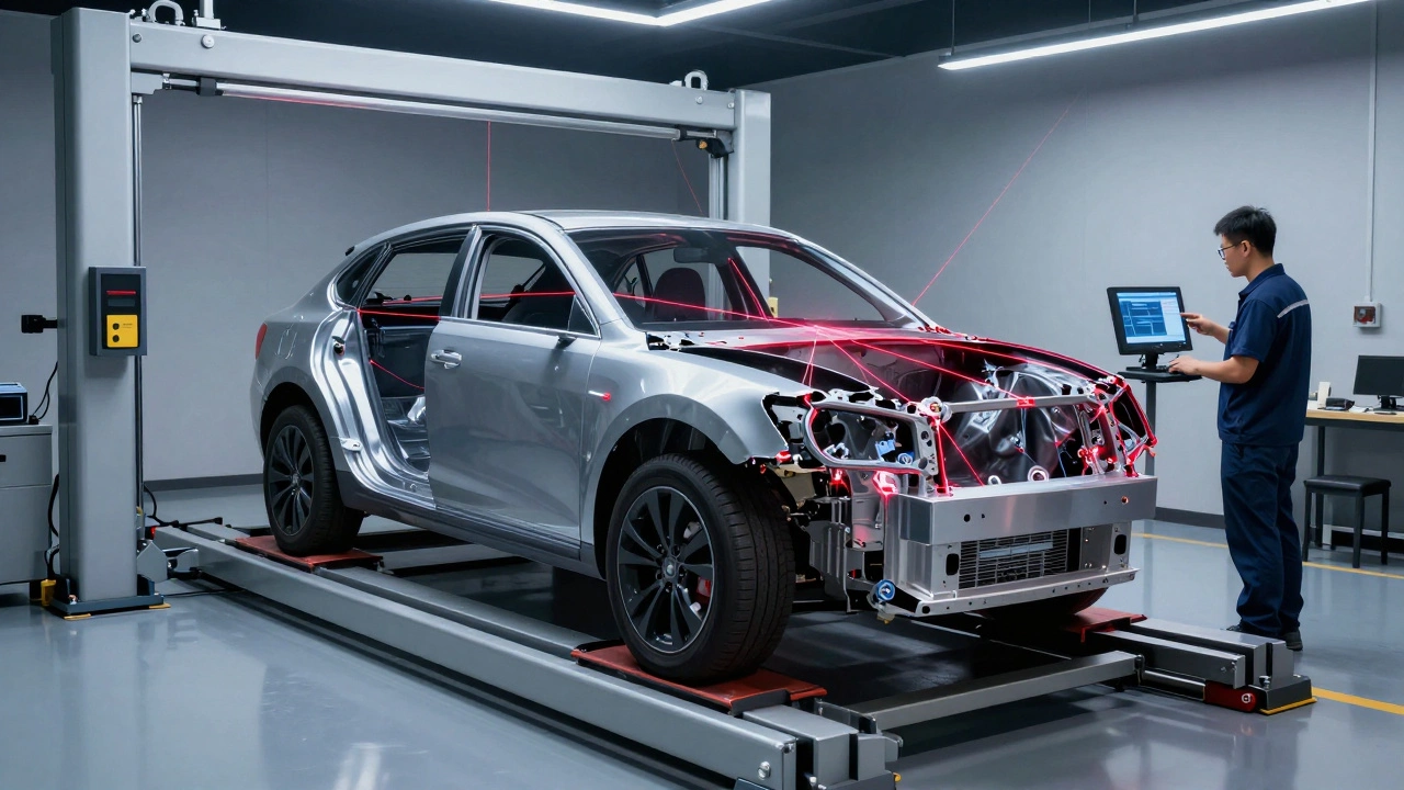 Car being analyzed by a 3D laser frame measuring system in a professional repair shop